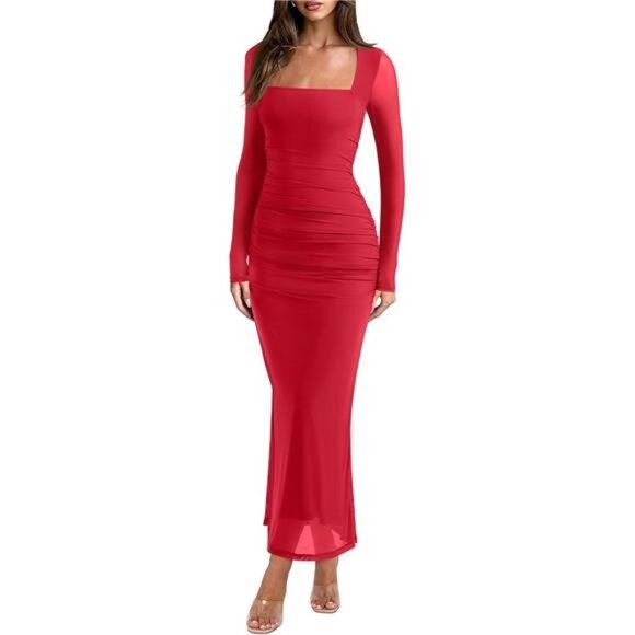 Long Sleeve Sheer Mesh Square Neck Long Dress Red - Picture 1 of 6